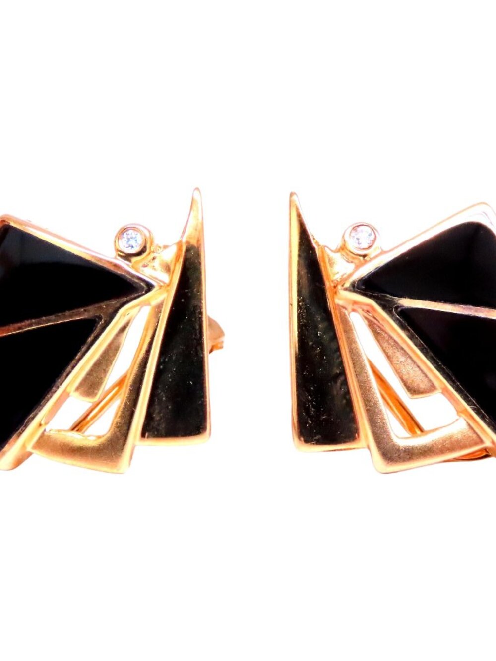 Step Tier Art Deco Style Onyx Clip Earrings 14kt Gold*